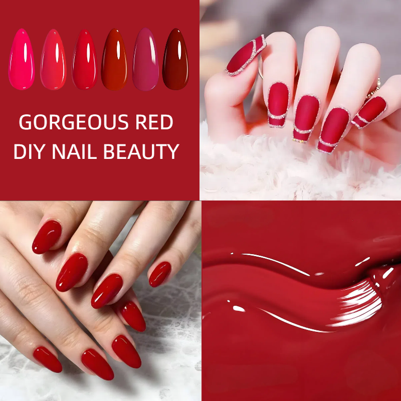 Gorgeous Red Gel Nail Polish Kit Soak Off UV / LED Nail Art Design Manicure Salon DIY Salon at Home, 6 Colors, 5ml 