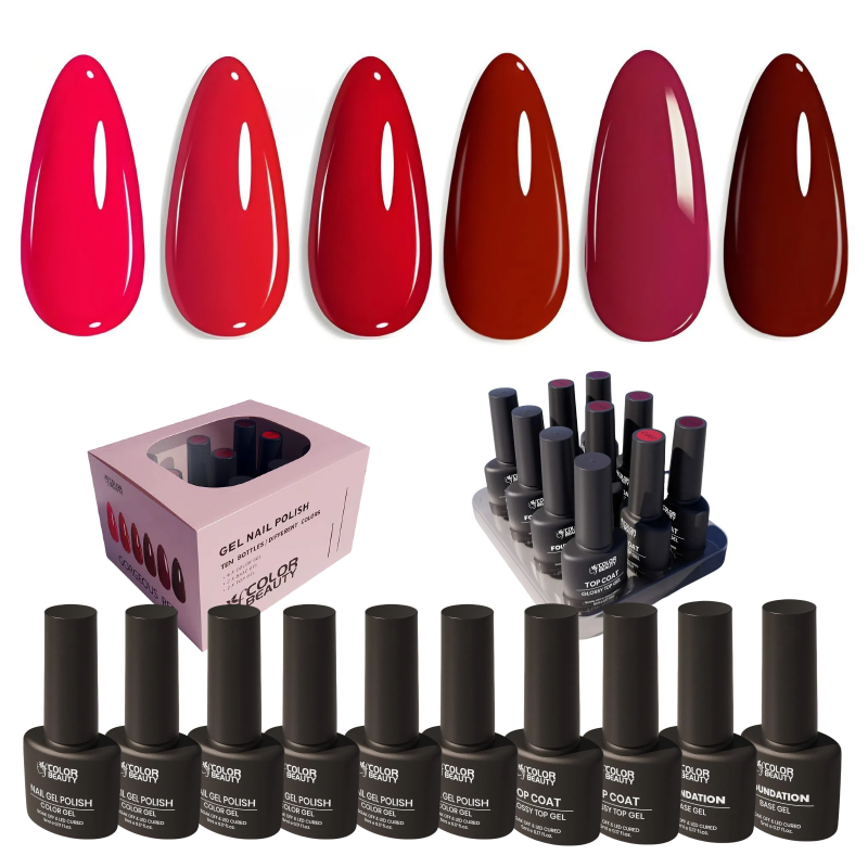 Gorgeous Red Gel Nail Polish Kit Soak Off UV / LED Nail Art Design Manicure Salon DIY Salon at Home, 6 Colors, 5ml 